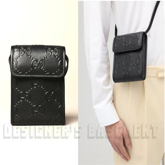 GUCCI black GG TENNIS smooth Perforated GUCCISSIMA Leather CrossBody PHONE bagπ - Picture 2 of 11